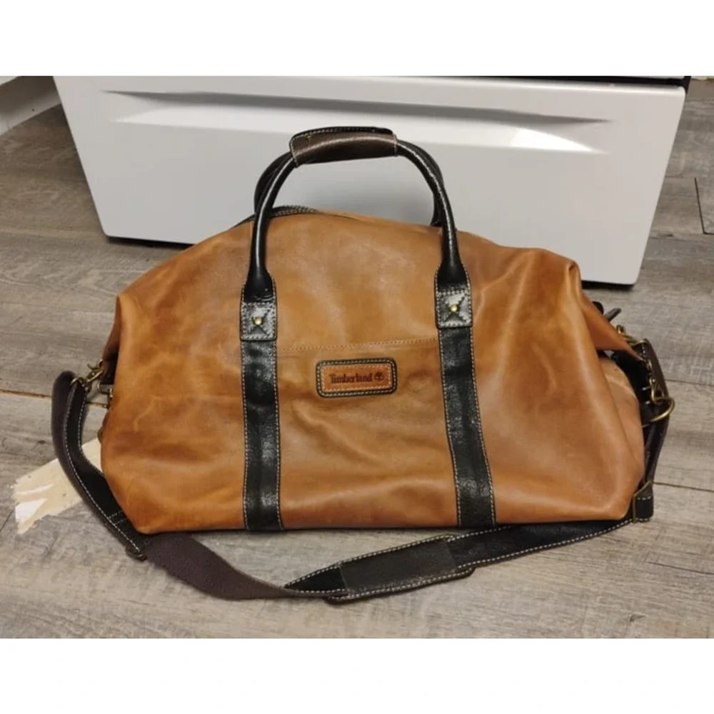 Vintage 90s Timberland Brown 100% Leather Duffle Bag Carry On Weekender Strap